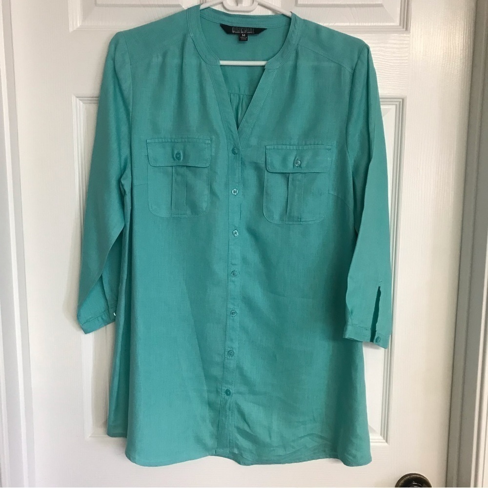 Nicole Miller Original light green linen tunic roll up sleeves with buttons EUC